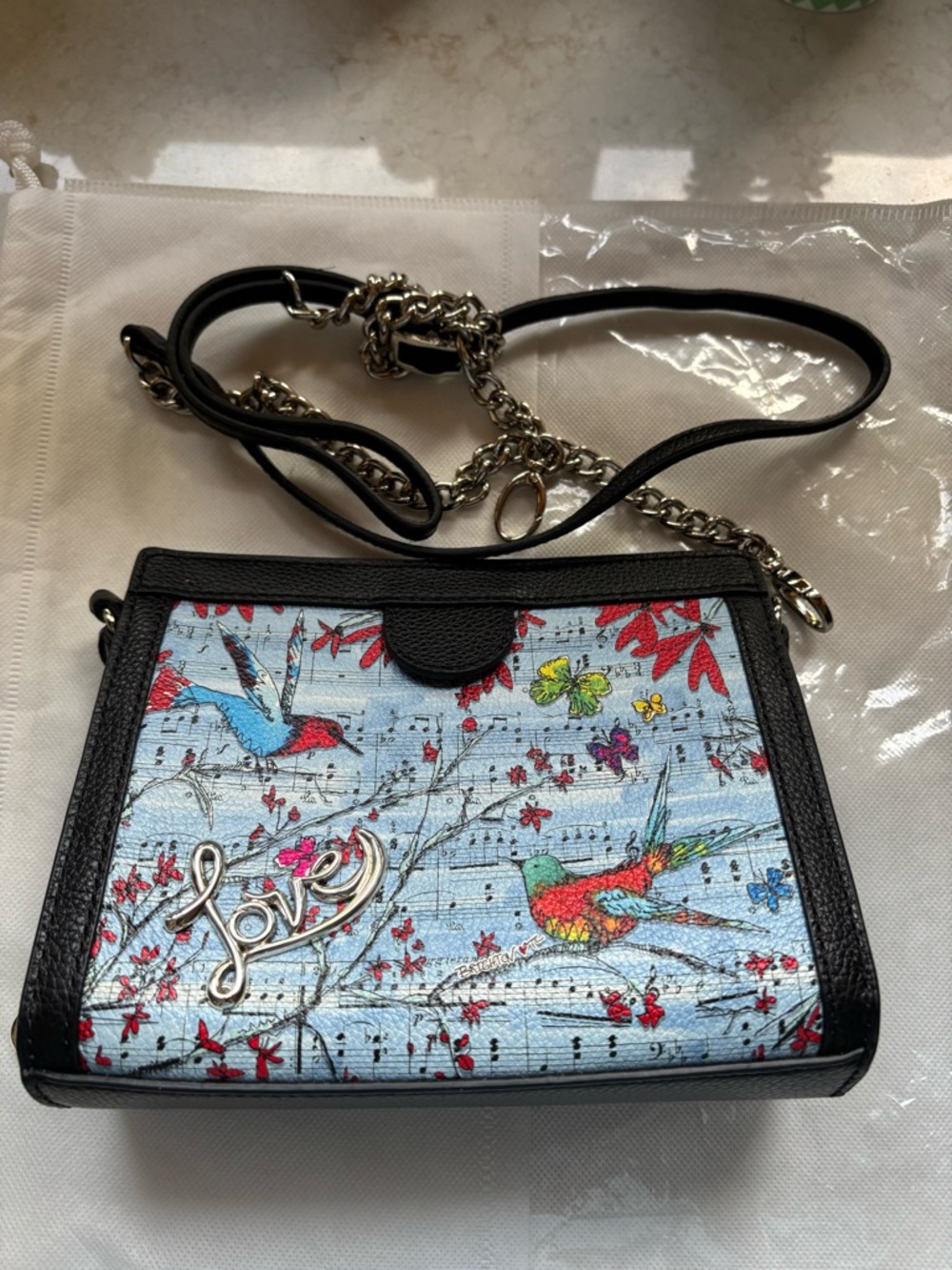 Brighton Blue Bird Print Crossbody with Black Trim